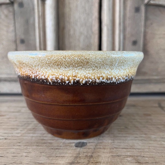 Vintage Western Stoneware Ribbed Brown Bowl Maple Leaf Stamp Drip Glaze Monmouth - Picture 5 of 8